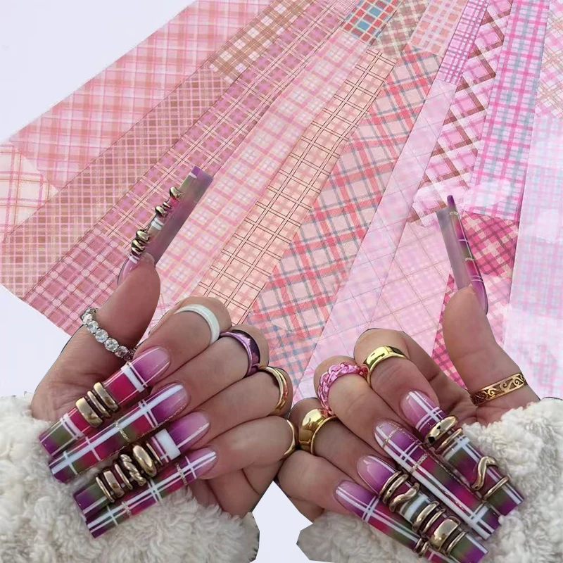 

10Rolls Artistic Plaid Nail Transfer Foils Pink Grid Pattern Nail Stamping Stickers Sweety Cowboy Style Manicure Decals