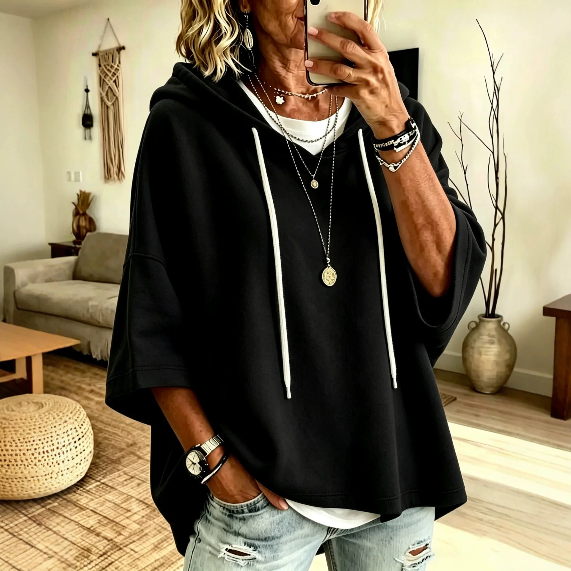 Einfarbiger Damen-Hoodie mit 3/4-Ärmeln, Lässiger Lockerer Pullover für Herbst und Winter – Detail 18