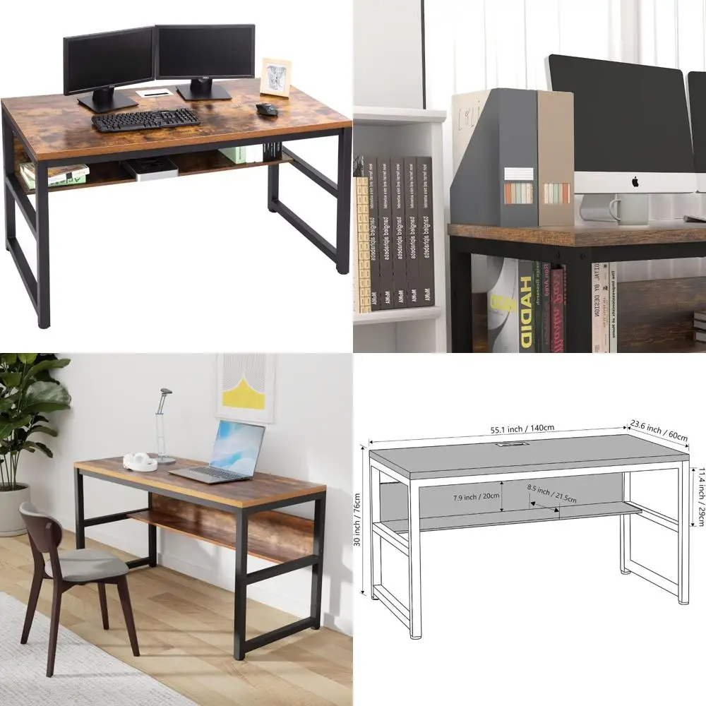 

Rustic Brown Computer Desk with Bookshelf and Metal Cable Management, Thick 1.18 Desk