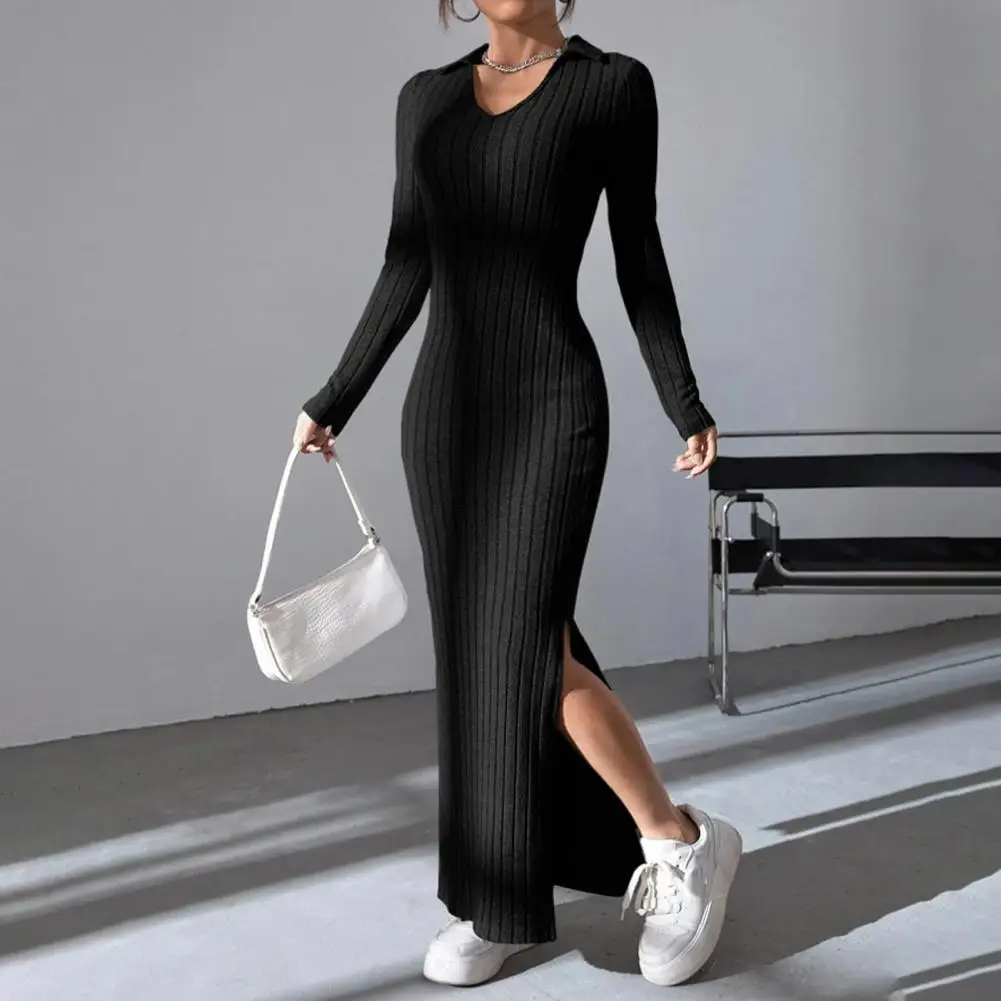 Split Hem Maxi Dress Elegant V Neck Maxi Dress for Women Spring Fall with Slit Hem Long Sleeves for Shopping Dating Parties Slim