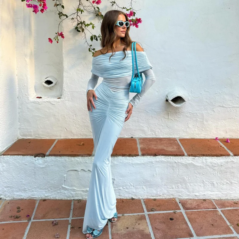 

One Shoulder Mesh Pleated Dress With A Socialite Style And Fashionable Temperament, Sexy And Slightly Transparent Slim Fit Long