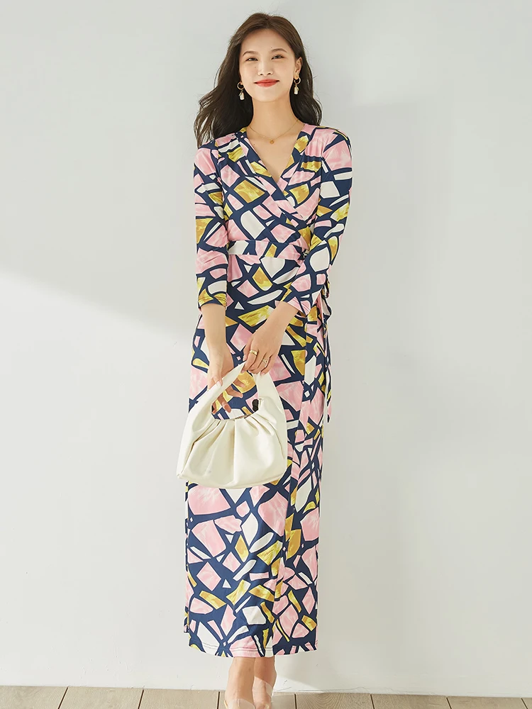 

Новинка! Женское модное платье Slim Fit с геометрическим принтом, V-образным вырезом, длинное, в корейском стиле, для повседневной носки, весна-лето