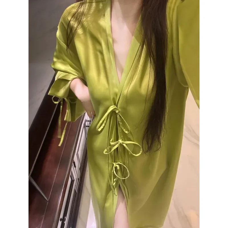 

Женская ночная сорочка из ледяного шелка, средней длины, сексуальная, для сна и дома, пижама