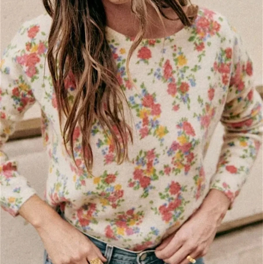 

Женский шерстяной мохеровый кардиган с цветочным принтом, однобортный вязаный свитер с круглым вырезом спереди и сзади