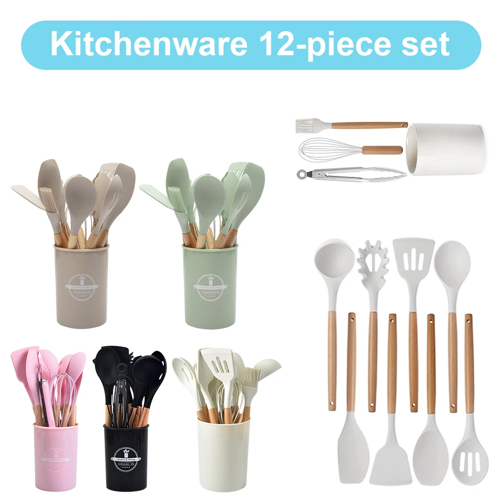 

12Pcs Kitchen Utensil Set Heat-Resistant Cookware Wooden Handle Non-Stick Spatula Set Spatula Spoon Brush Whisk Kitchen Supplies