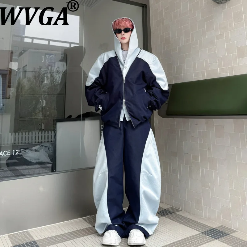WVGA Spring Autumn New Men Tide Hooded Color-Block Trendy Fake Two-Piece Jackets Niche Chic Casual Wide-Leg Pants Ins Set W18599