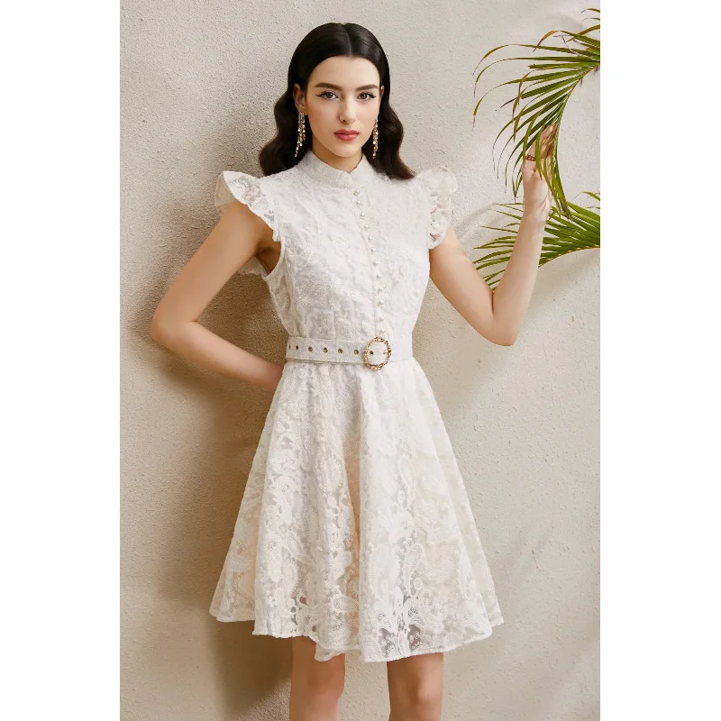 

High Street Summer Women's Dress Court-style Stand-up Collar Sleeveless Shirred Flared Embroidered Flutter sleeves Dress