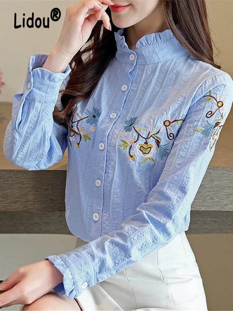 Vintage Floral Embroidered Cotton Button Up Shirt for Women Autumn Korean Elegant Casual Long Sleeve Slim Office Lady Blouse Top