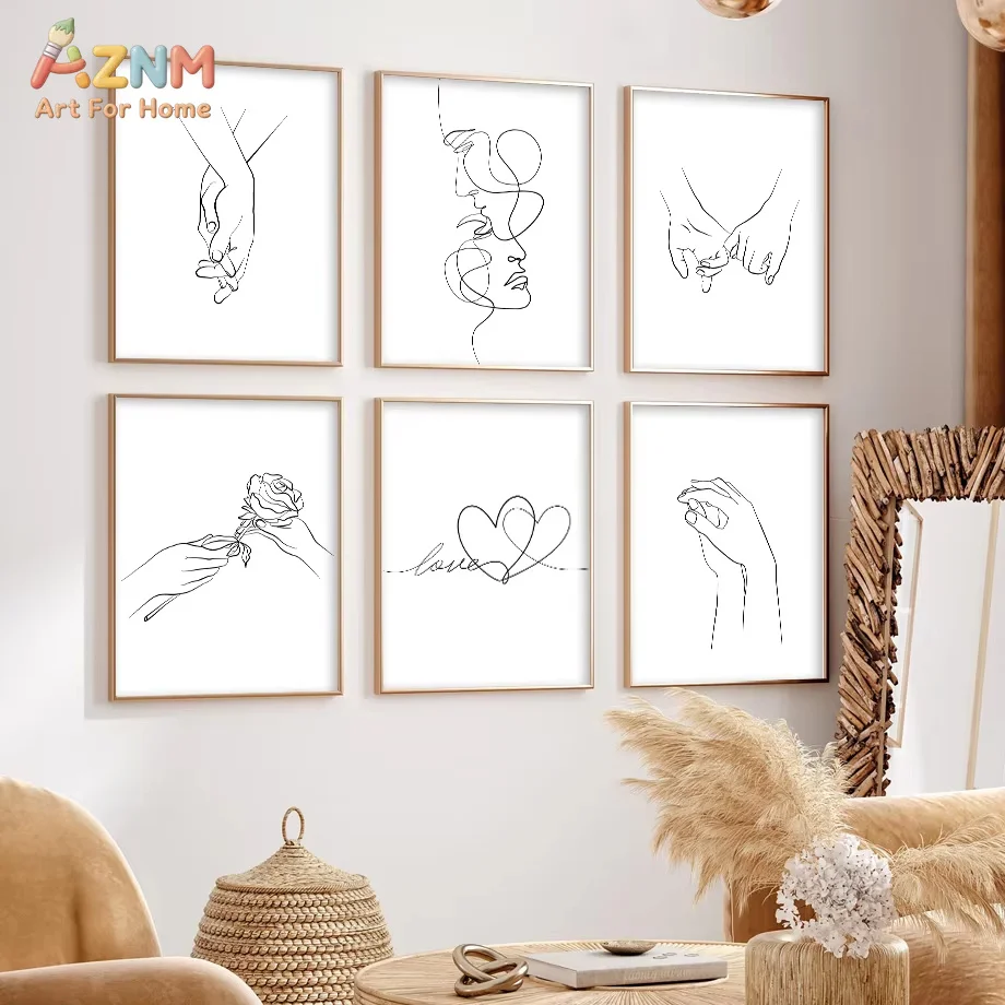 AZNM Minimalist One Line Drawing Canvas Print Couple Face Holding Hands Rose Love Heart Abstract Sketch Unframed Canvas Wall Art