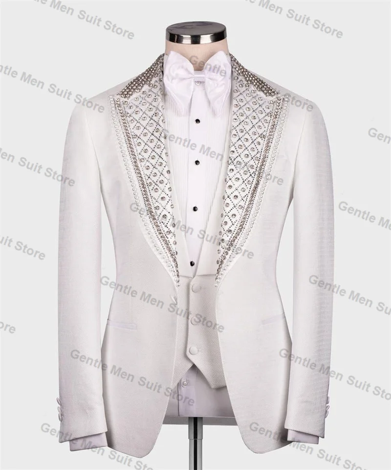 

Crystals White Men Suits 2 Piece Blazer+Black Cotton Trousers Wedding Tuxedo Male Prom Coat Customized Formal Office Jacket