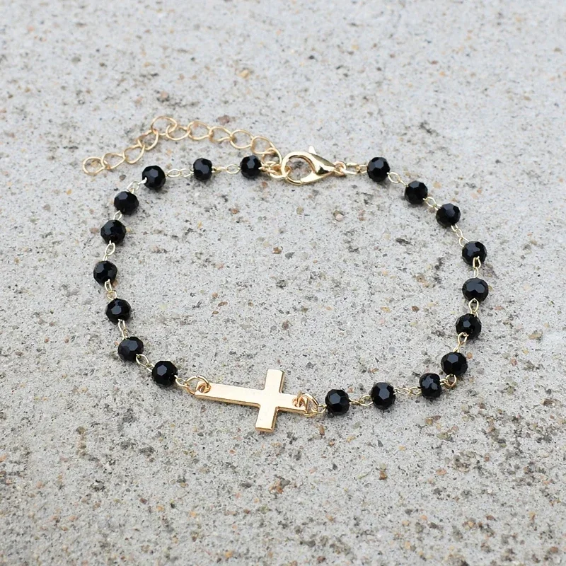 Cross Bracelet Tiny Simple Bracelet for Women Black Beaded Chain Adjustable Pulseras Christian Jewelry