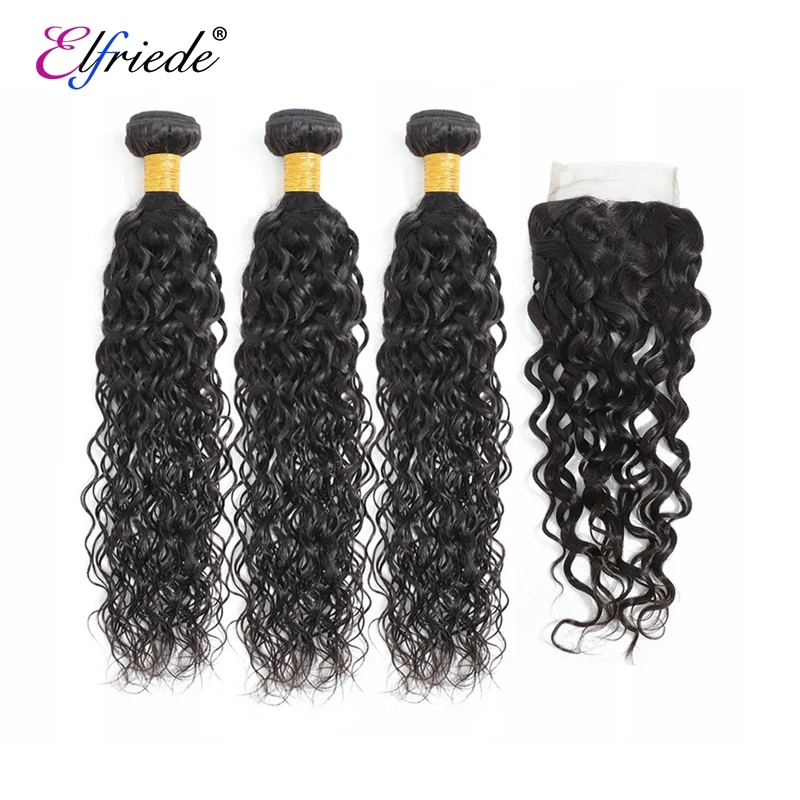 

Elfriede Natural Black Bundles with Closure Water Wave 100% Brazilian Remy Human Hair Weaves 3 Bundles with 4X4 Lace Closure