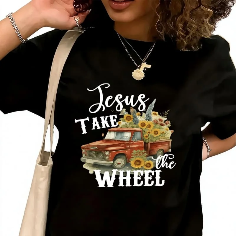 Truck Sunflower 2D PrintWomen's T-Shirt 100% Cotton Funny Graphic Short Sleeve Tee Novelty Shirt Casual Crew Neck Top S-5XL