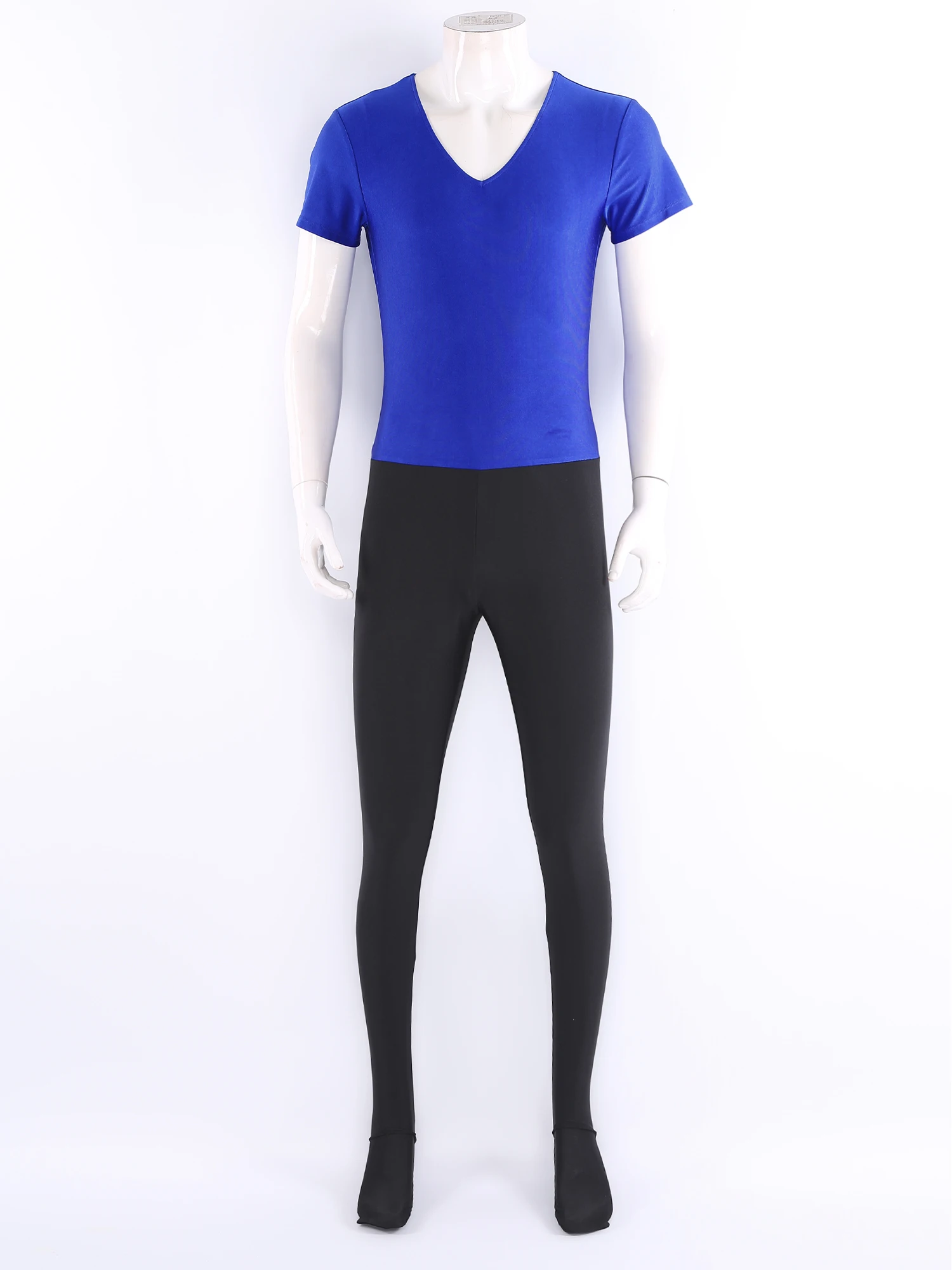 

Mens Ballet Dance Unitard Jumpsuit V Neck Short Sleeve Leggings Long Pants Contrast Color One Piece Bodysuit Yoga Dance Outfit