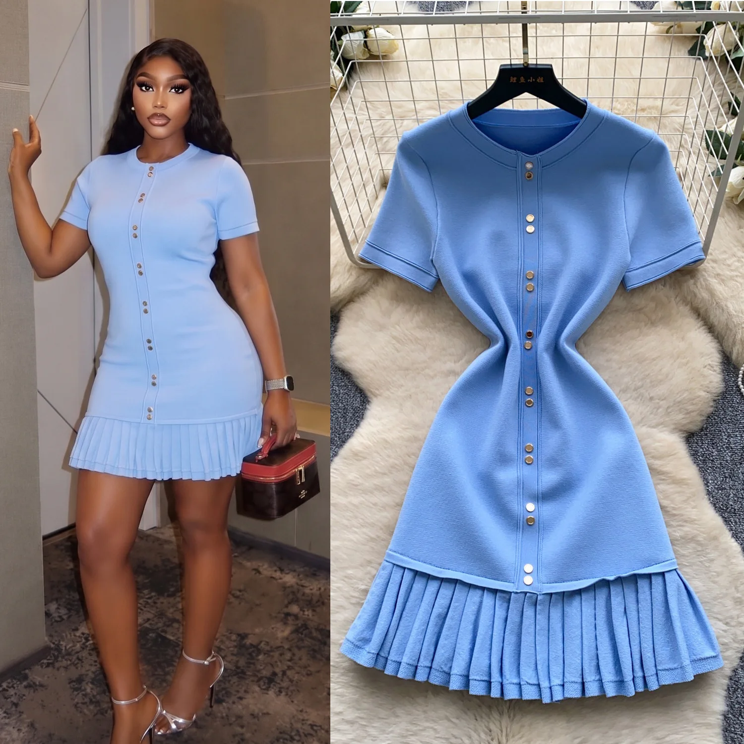 Mittellanges Kleid Damenkleider Vestidos Y2k Streetwear Rundhals Kurzarm Hüftumwickel Elegant Party Nacht Arbeit Slim Fit 2026