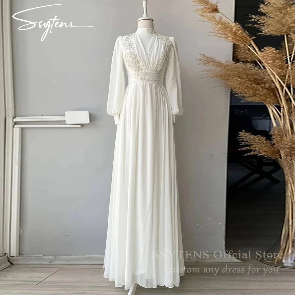 

SSYTENS Muslim Wedding Party Gowns Appliques Chiffon Long Wedding Dresses For Women Full Sleeves Elegant Beach vestido de novia