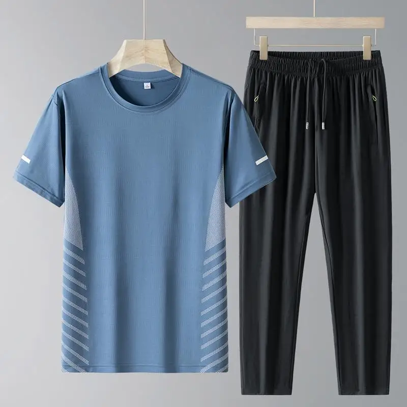 Fashion Summer New Quick Dry Striped Sports Sets Short Sleeved T-shirt Men Elastic Waited Straight Casual Trousers Thin Suit