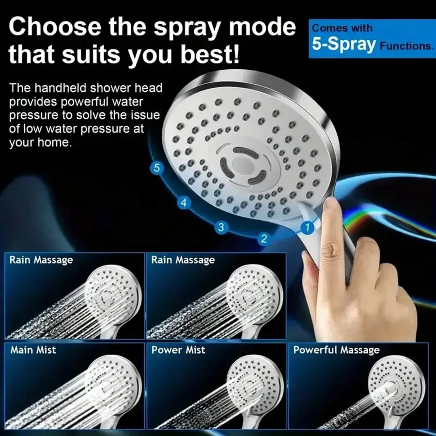 8 Inch High Pressure Rainfall & Handheld Shower Head Combo, 11 Inch Extension Arm, 5 Spray Settings, Anti-Leak, Height & Angle Adjustable with Hose and Holder