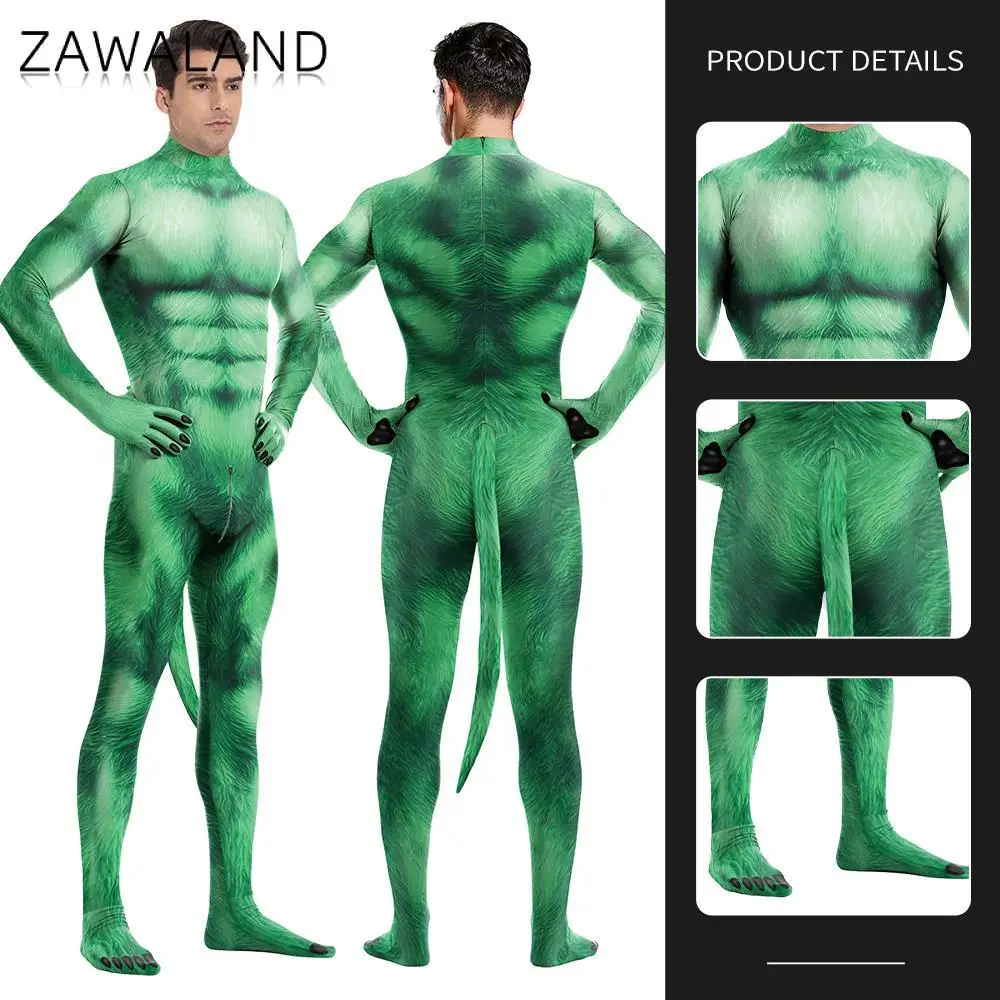 Zawaland Groen Petsuit Met Hondenstaart Mannen Grappige Cosplay Kostuum Festival Jumpsuit Volledige Cover Zentai Pak Halloween Feestkleding