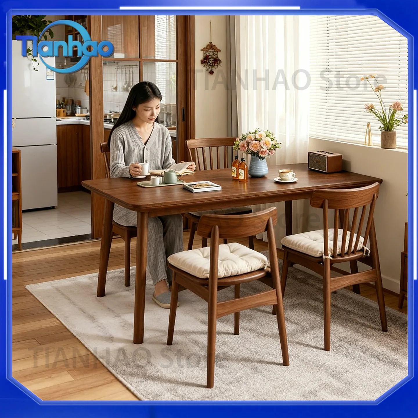 Solid Wood Dining Table in Black Walnut Finish for Small Homes Minimalist Rectangular Table with Matching Chairs