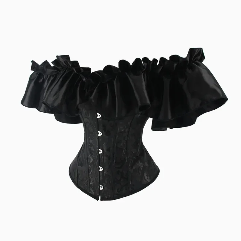 Vintage Busier Corset Women Sexy Corset Shirt Overbust Corset Top Buckle Off Shoulder Ruffles Sleeve Bustier Lace Up Bodyshaper