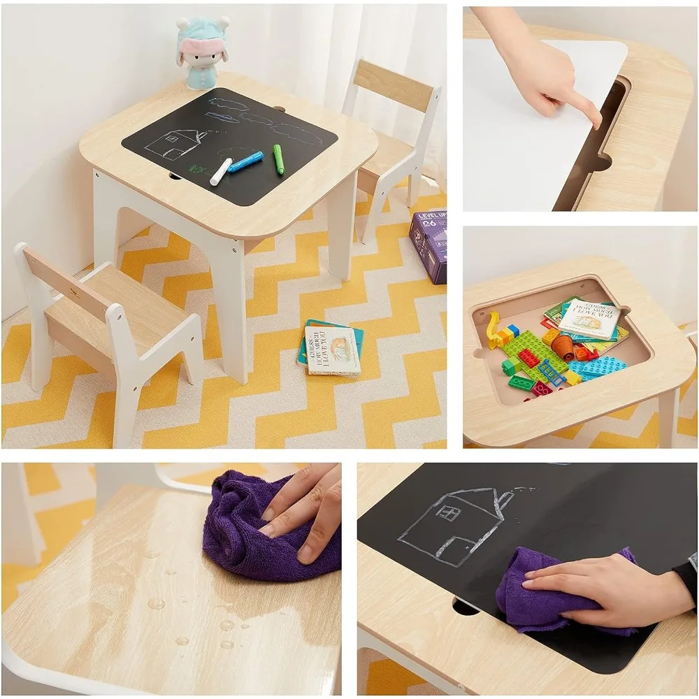 Juego de mesa y sillas de almacenamiento de madera Toffy & Friends, blanco, Juego de 3 piezas, Ideal para el aprendizaje de los niños, actividades o mesa de comedor