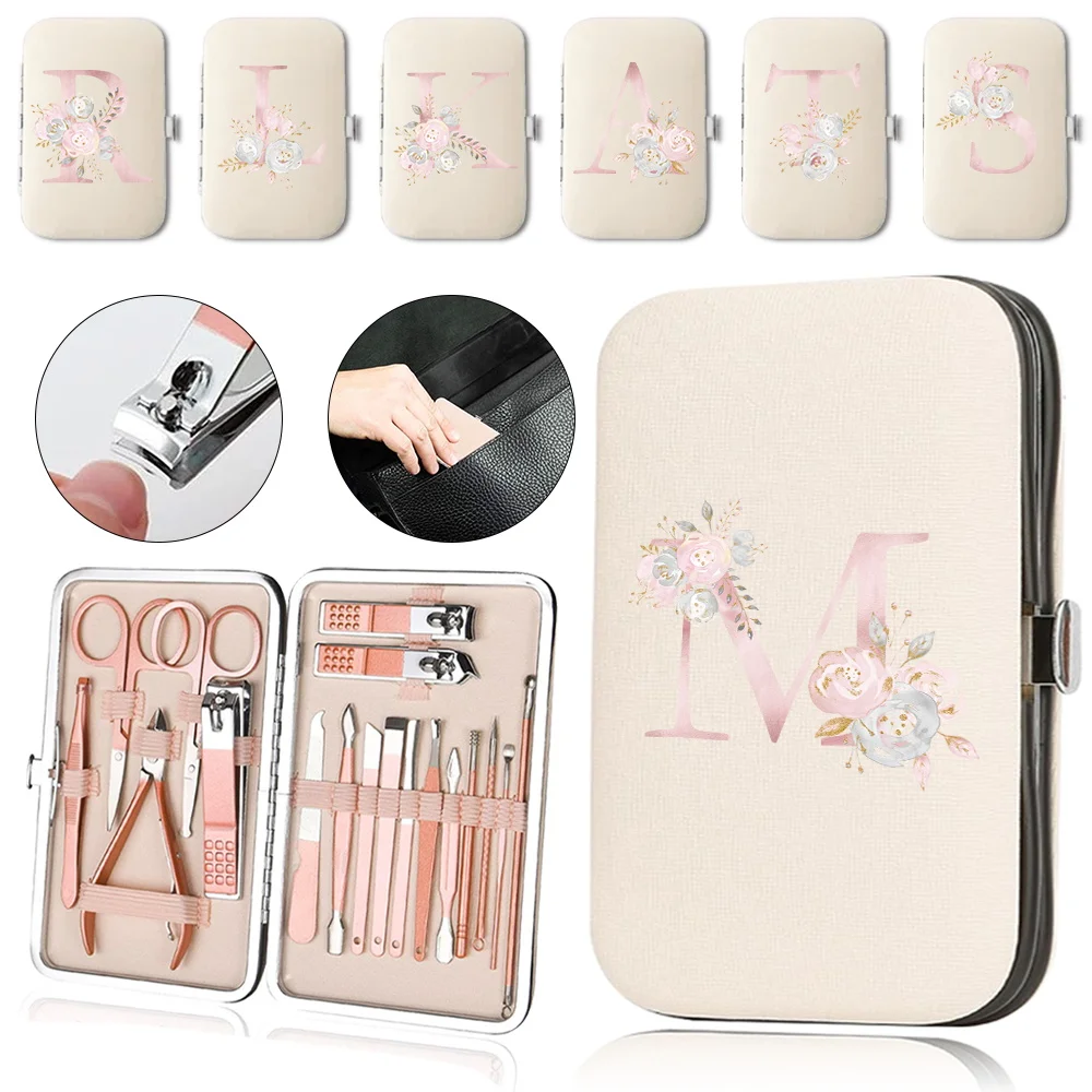 

18Pcs Stainless Steel Nail Clippers Set Manicure Care Tool Portable Pedicure Kit Trimmer Storage Box Pink Flower Letter Pattern