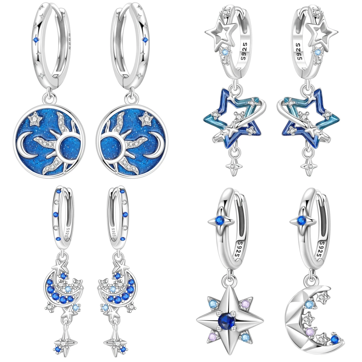 PANPOKI 925 Sterling Silber Blauer Sternenhimmel Sterne Mond Ohrringe Original Schmuck Hängeohrringe Schmuck Party Jubiläumsgeschenke
