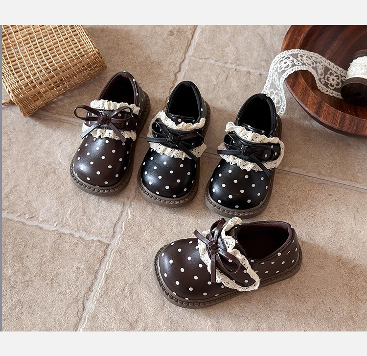 Little Girls Black Polka Dot Shoes, Lace Ruffle Bow Decor Soft Sole Princess Mary Jane Flats