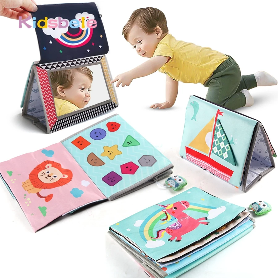 

Мягкая книга для младенцев с зеркальными складчатыми текстурами, красочные страницы, игрушка для раннего развития для зрения, сенсорное когнитивное обучение