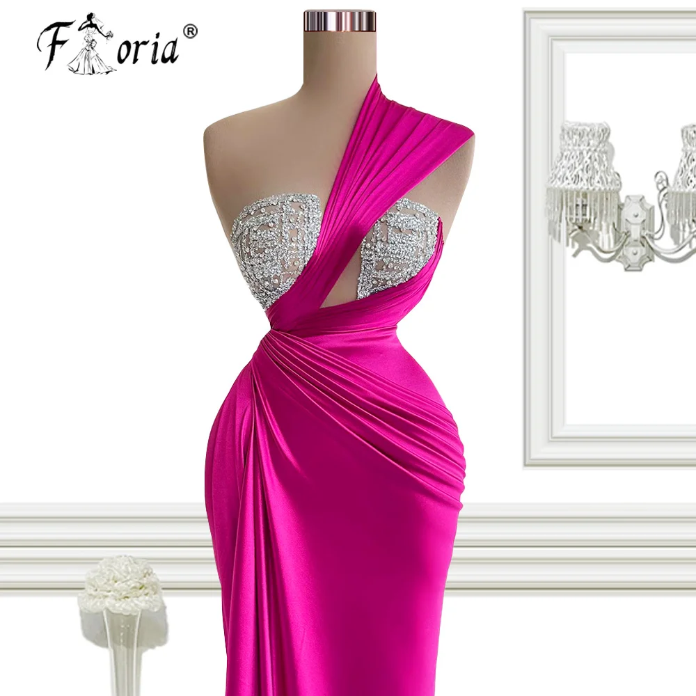 Modern Hot Pink Long Crystal Prom Party Dress Sleeveless Pleat Meramid Evening Gowns 2022 Formal Night Dresses Vestidos