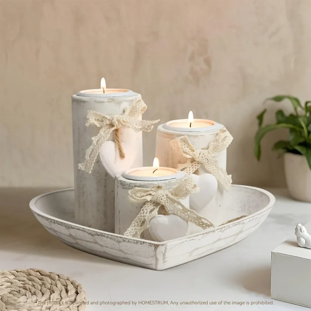 Wooden Candle Holder Set Tea Lamp Candlestick Set Heart Shaped Tray Jewelry Tray Home Decoration Christmas Present