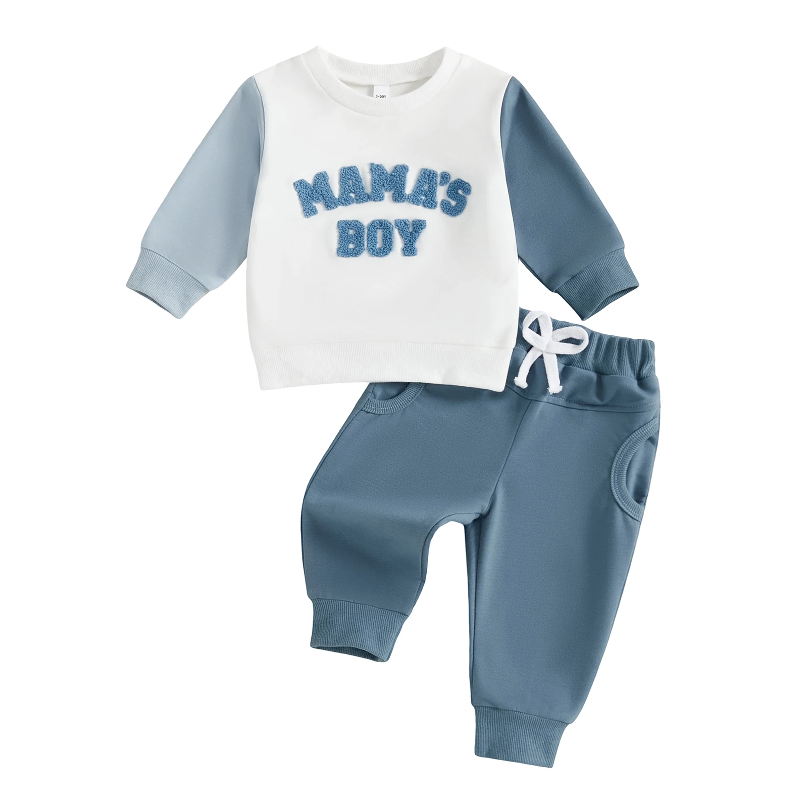 

Toddler Boy Fall Outfits Letter Embroidery Patchwork Long Sleeve Round Neck Pullover Elastic Waist Solid Pants 2 Pcs Set