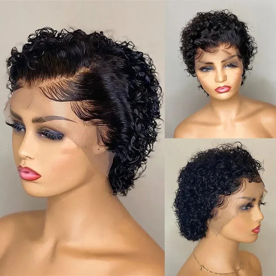 Usexy 13x4 Pixie Cut Lace Front Wigs Human Hair 180% Density Black Color Transparent Lace Frontal Human Hair Wigs for Women