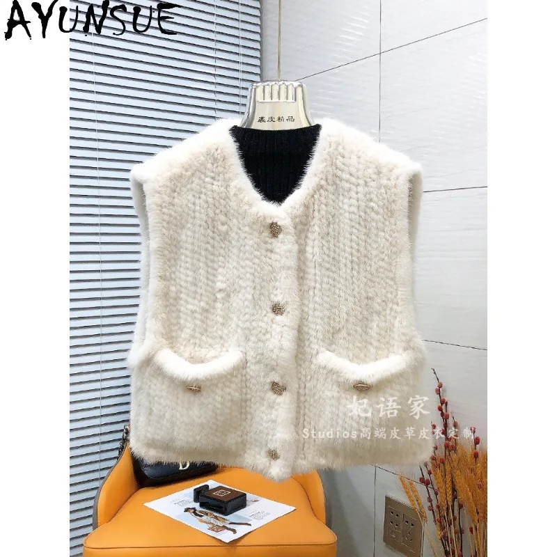 AYUNSUE Women's Whole Mink Fur Vest Short Fashion Sleeveless Fur Coat Double-sided Knitted Fur Jacket Woman Clothes Ropa Mujer