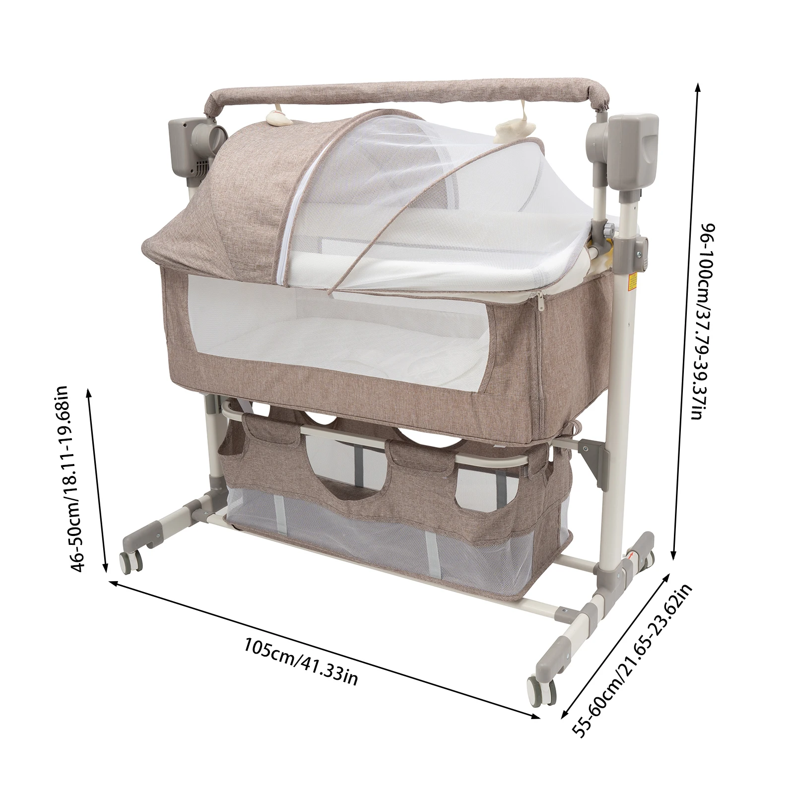 Smart Baby Bassinet เตียงข้างเตียง,เล่นเพลง,แท่นวางอัตโนมัติพร้อมฟังก์ชั่นจับเวลา & 5-Speed,เตียงเด็กแบบพกพาอลูมิเนียมอัลลอยด์