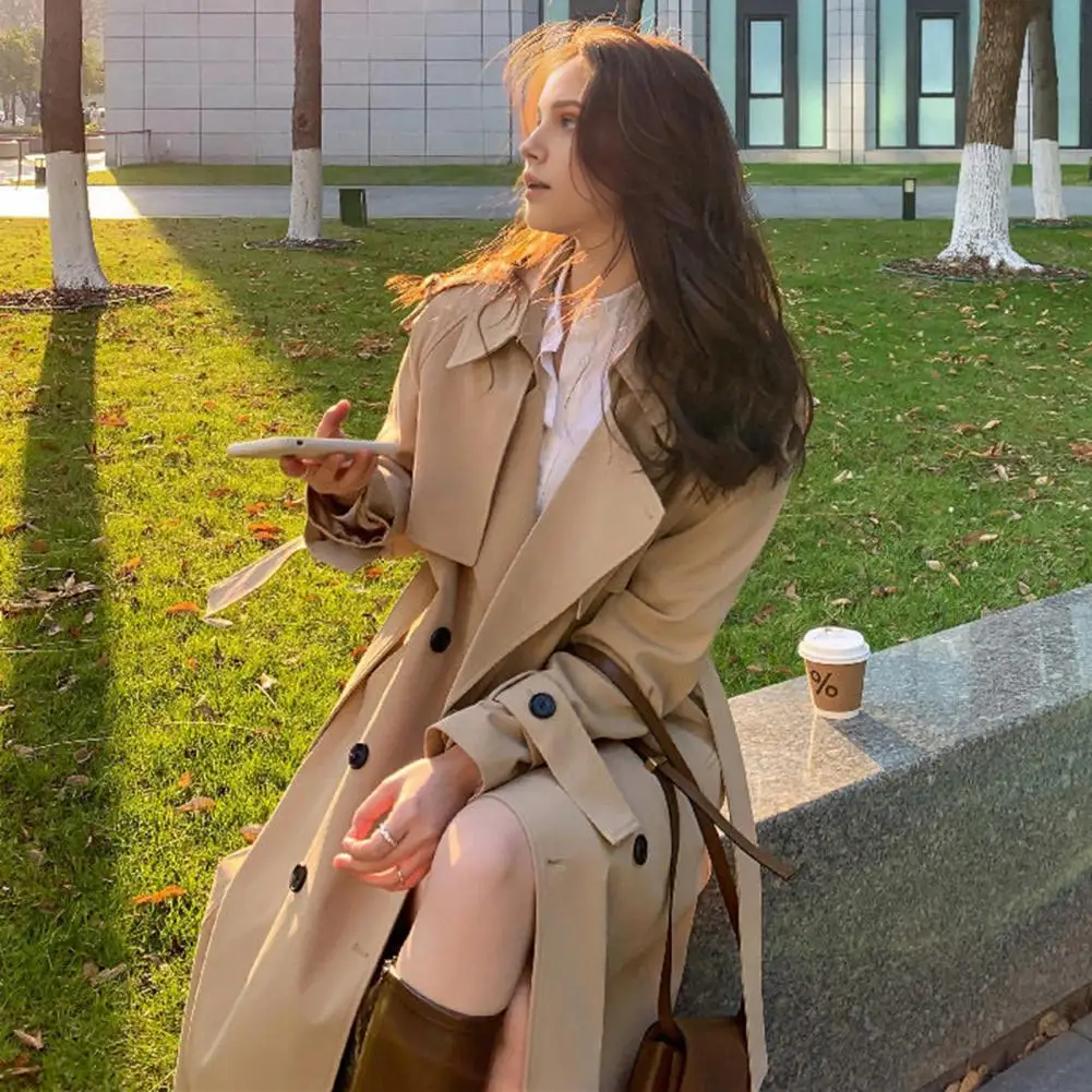 Fall Winter Windbreaker Elegant Mid-calf Length Women's Overcoat with Belt Double-breasted Design for Fall Spring Fashion Trends