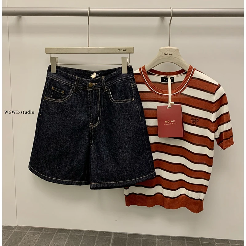 

High Waist A-Line Wide Leg Jeans Shorts Casual Versatile Loose Slimming Blue Cotton No Spring for Young Women