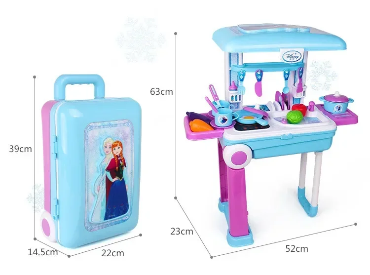 Disney-Frozen Trolley Case para crianças, 2 em 1, Playset de maquiagem, Simulação Kitchen Set, Play House, Brinquedos para meninas, melhor presente, Luzes LED