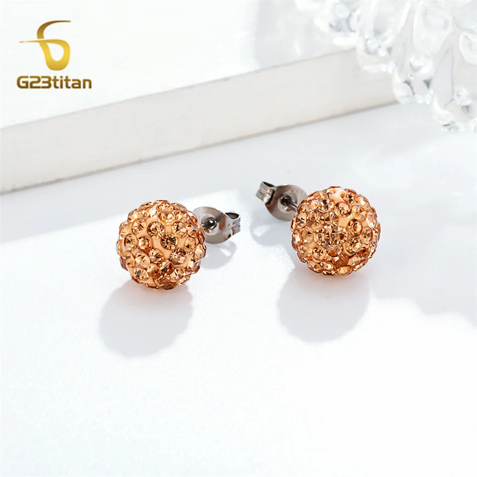 Luxury Champagne Crystal Shambhala Bead Earrings Hypoallergenic Piercing Jewelry Bright Clay Ball Ear Stud Women Men Accessories