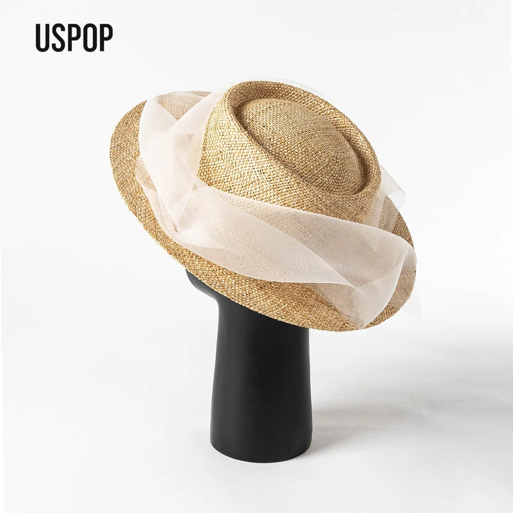 Vintage Veil Straw Boater Hat Women Bridal Inspired Flat Top Sun Hat Elegant Summer Vacation Photoshoot