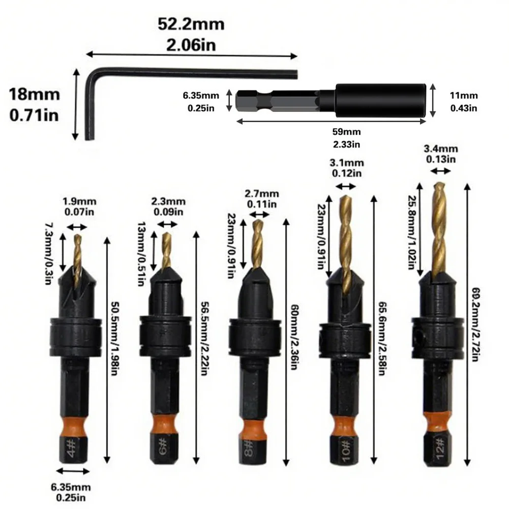 

Hex Shank Countersink Bit Set 12pcs Includes 5 Countersink Bits 5 Replaceable Drill Bits 1 Extension Rod L Wrench