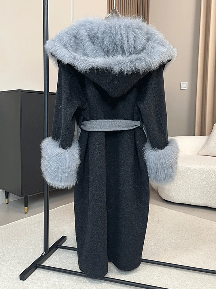 2025 핫 세일 겨울 여성용 천연 리얼 폭스 퍼 칼라 커프스 코트 울 울렌 재킷 여성 아우터웨어 럭셔리 재킷