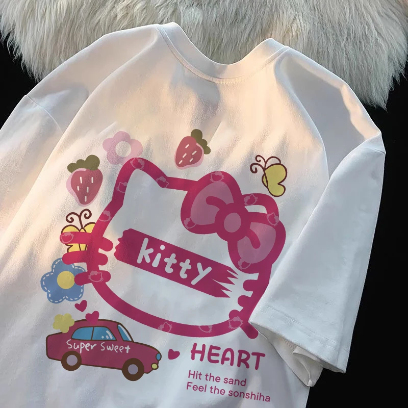 تي شيرت مطبوع عليه رسوم متحركة Hellokity للأولاد والبنات بأكمام قصيرة للصيف كاجوال ومريح من القطن برقبة دائرية Y2K