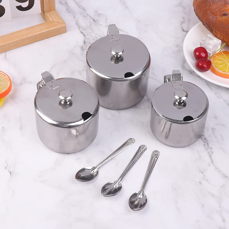 Praktische Zuckerdose aus Edelstahl mit Griff, Deckel und Löffel, staubdicht, wasserdicht, Gewürzbehälter für Küche und Restaurant