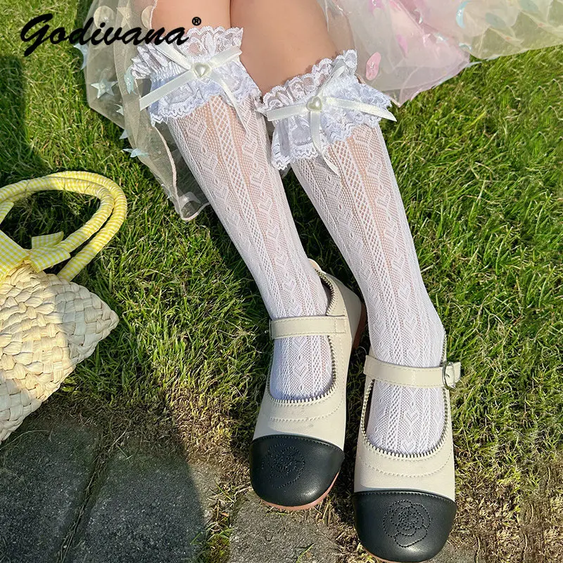 Sweet Baby Girls 2026 New Spring and Summer Calf Socks Childrens Lightweight Lace Trim Embroidery Princess Lolita Long Socks