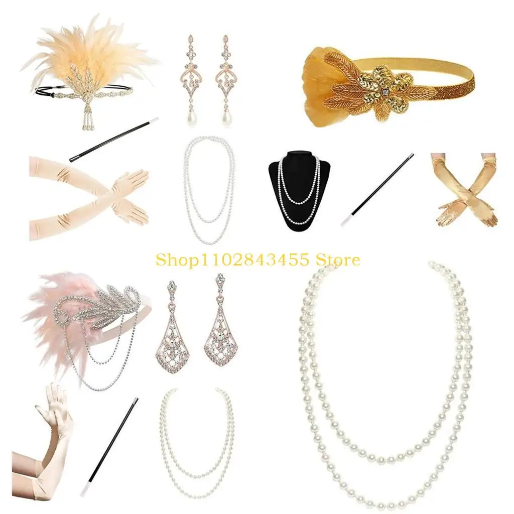 49MC 1920s Flapper Gatsby Costume Accessories Set 20s Long Gloves Necklace Earrings Flapper Headpiece Headband for Womens