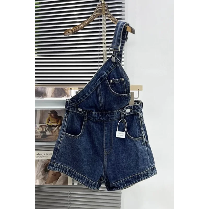 Women's Dark Blue Denim Overalls Shorts Adjustable Strap High Waist Casual Retro Pocket Jeans Shorts