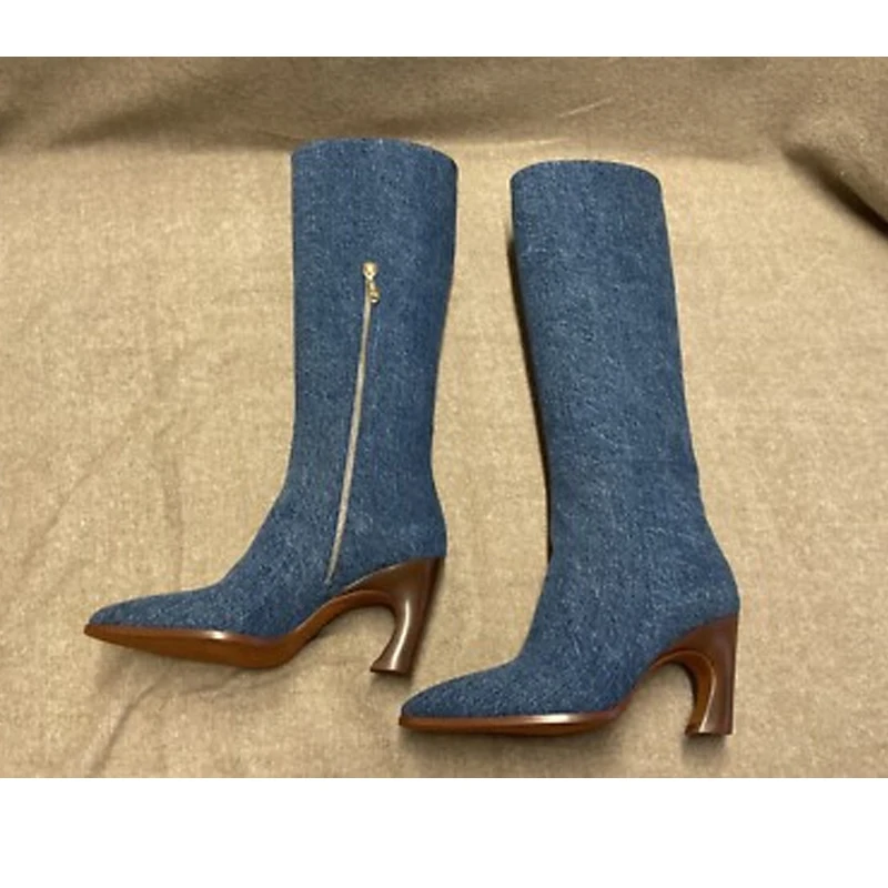 Denim Blue Pointed Wood Shaped Heel Boots Woman Winter 2026 Snake Print Slip-On Boot Female Fashion Denim Blue Shoes for Women