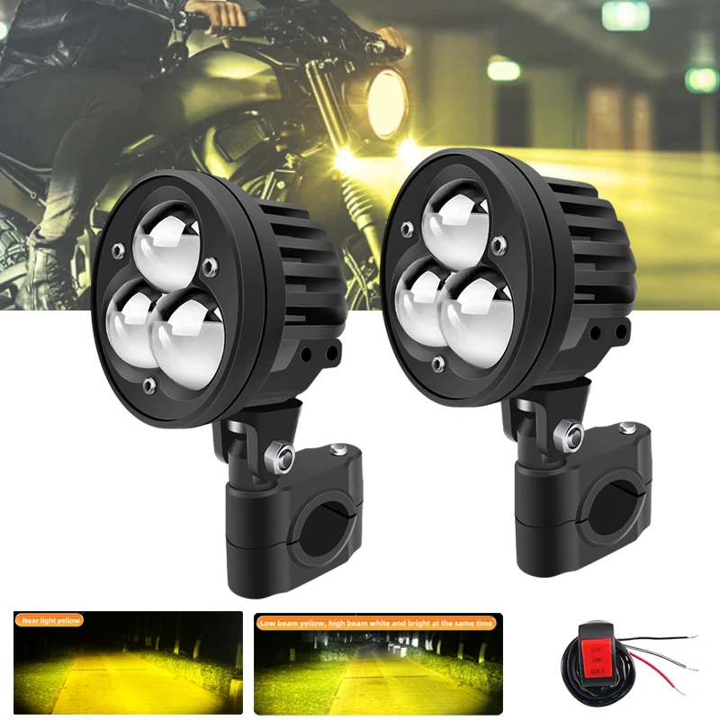 

3Lens Motorcycle LED Spotlights Headlamp External Scooters Driving Fog Lamp Hi/Low Beam Projector Lens Work Auxiliary Spot Light